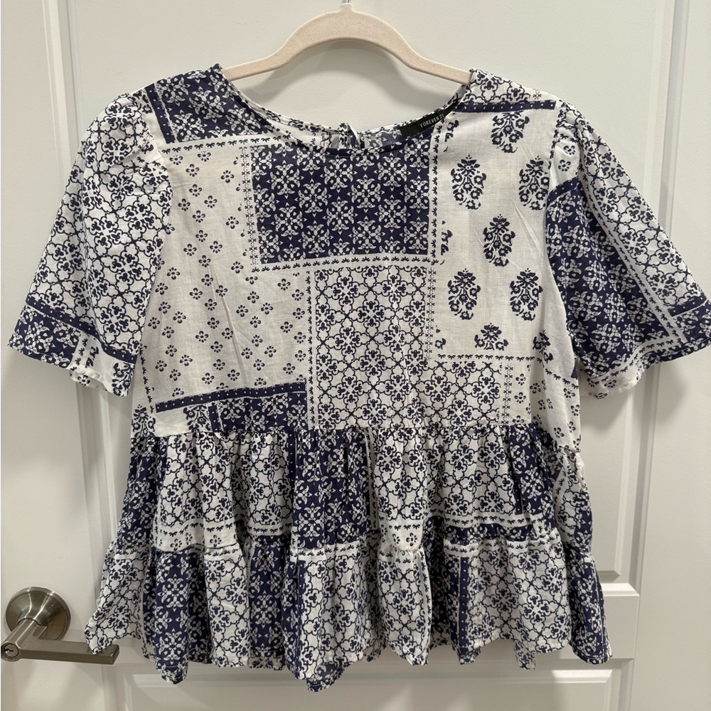 NWT Forever 21 Short Sleeve Patchwork Babydoll Blouse